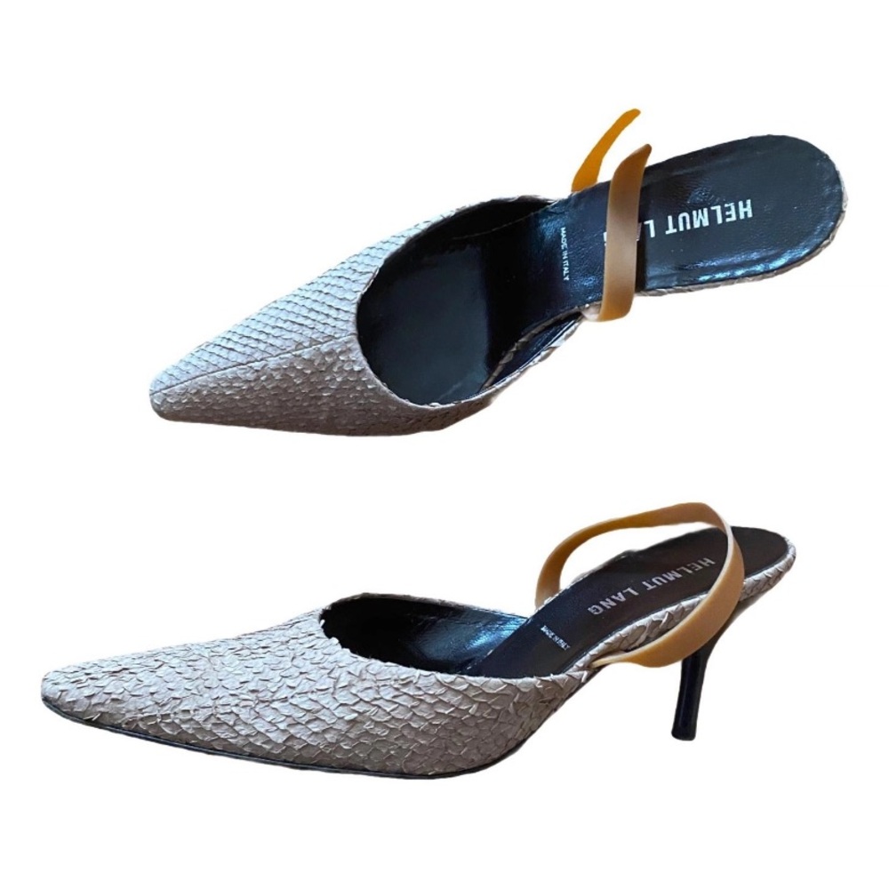 Helmut Lang leather Textured Pointed Toe Slingback Heels with Tan rubber Strap